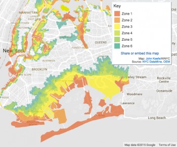 All of Rockaway peninsula is zoned for evacuation in a hurricane. (Map credit: John Keefe/WNYC)